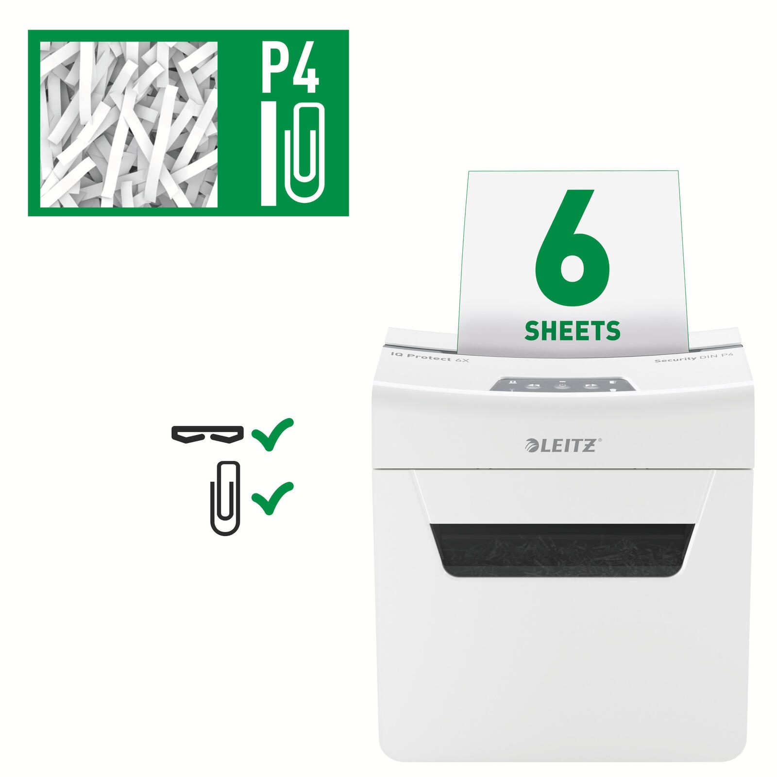 LEITZ Protect 6X Aktenvernichter mit Partikelschnitt bis 6 Blatt weiß