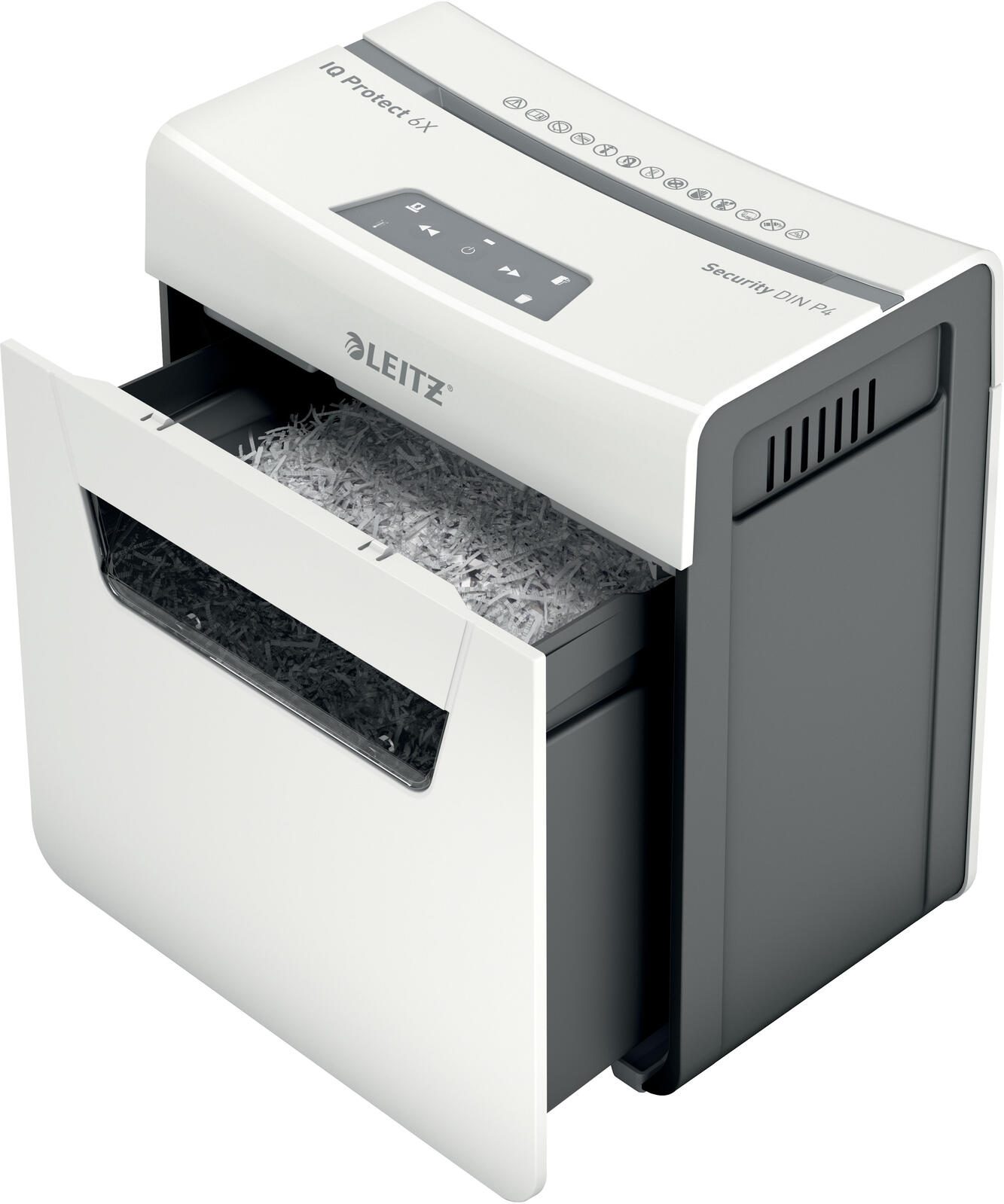 LEITZ Protect 6X Aktenvernichter mit Partikelschnitt bis 6 Blatt weiß