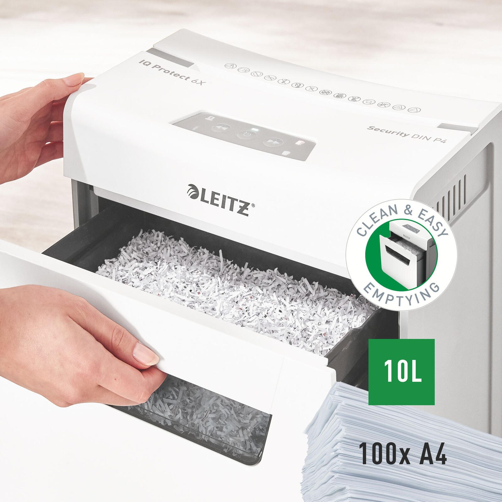 LEITZ Protect 6X Aktenvernichter mit Partikelschnitt bis 6 Blatt weiß