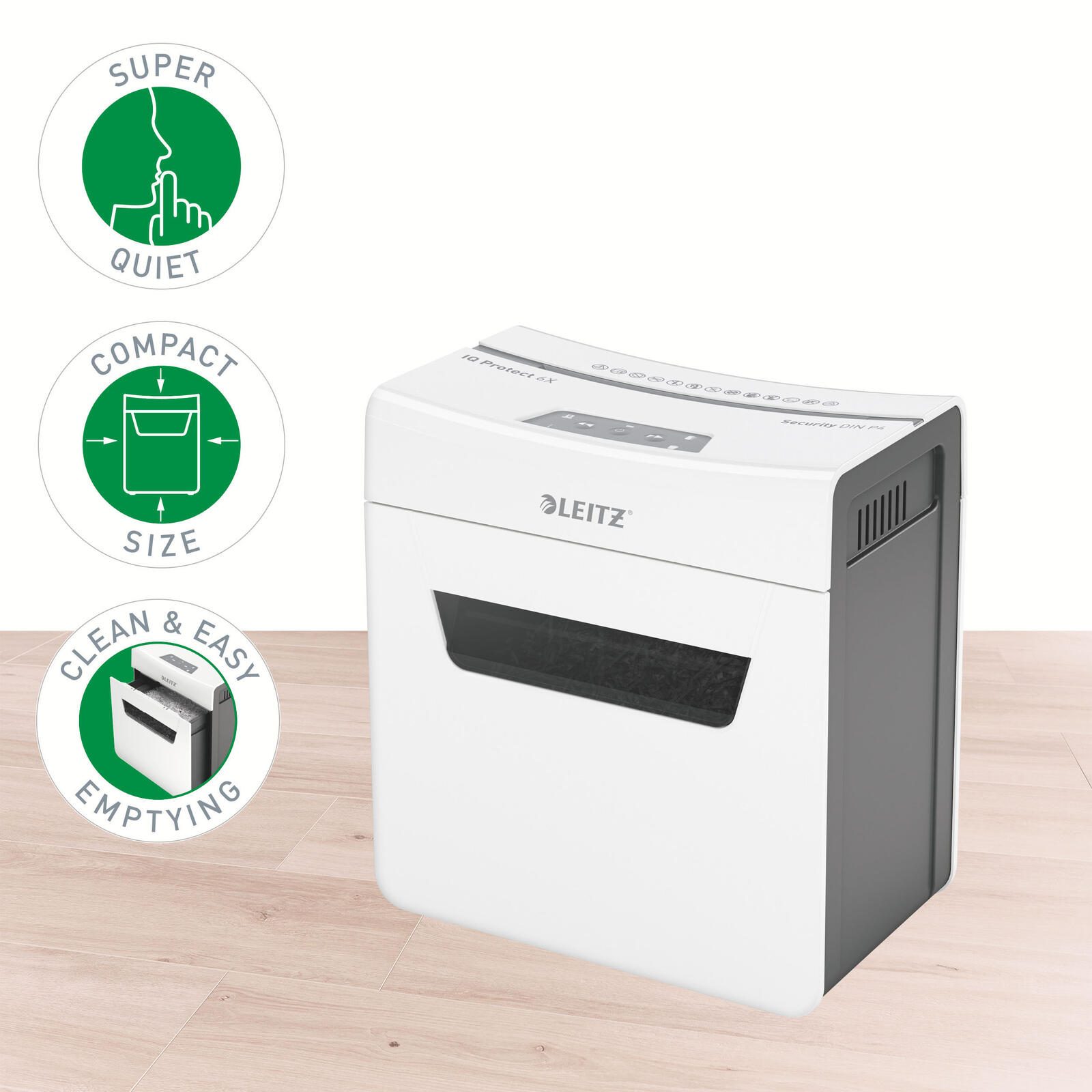 LEITZ Protect 6X Aktenvernichter mit Partikelschnitt bis 6 Blatt weiß