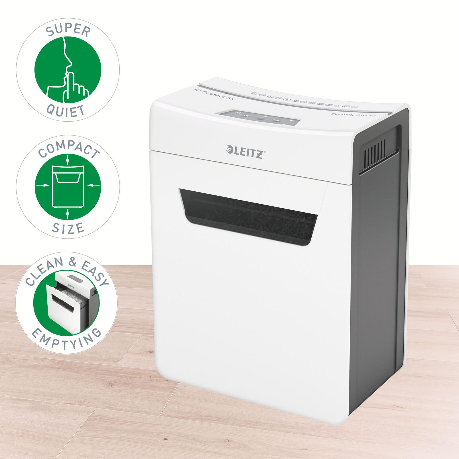 LEITZ Protect 8X Aktenvernichter mit Partikelschnitt bis 8 Blatt weiß