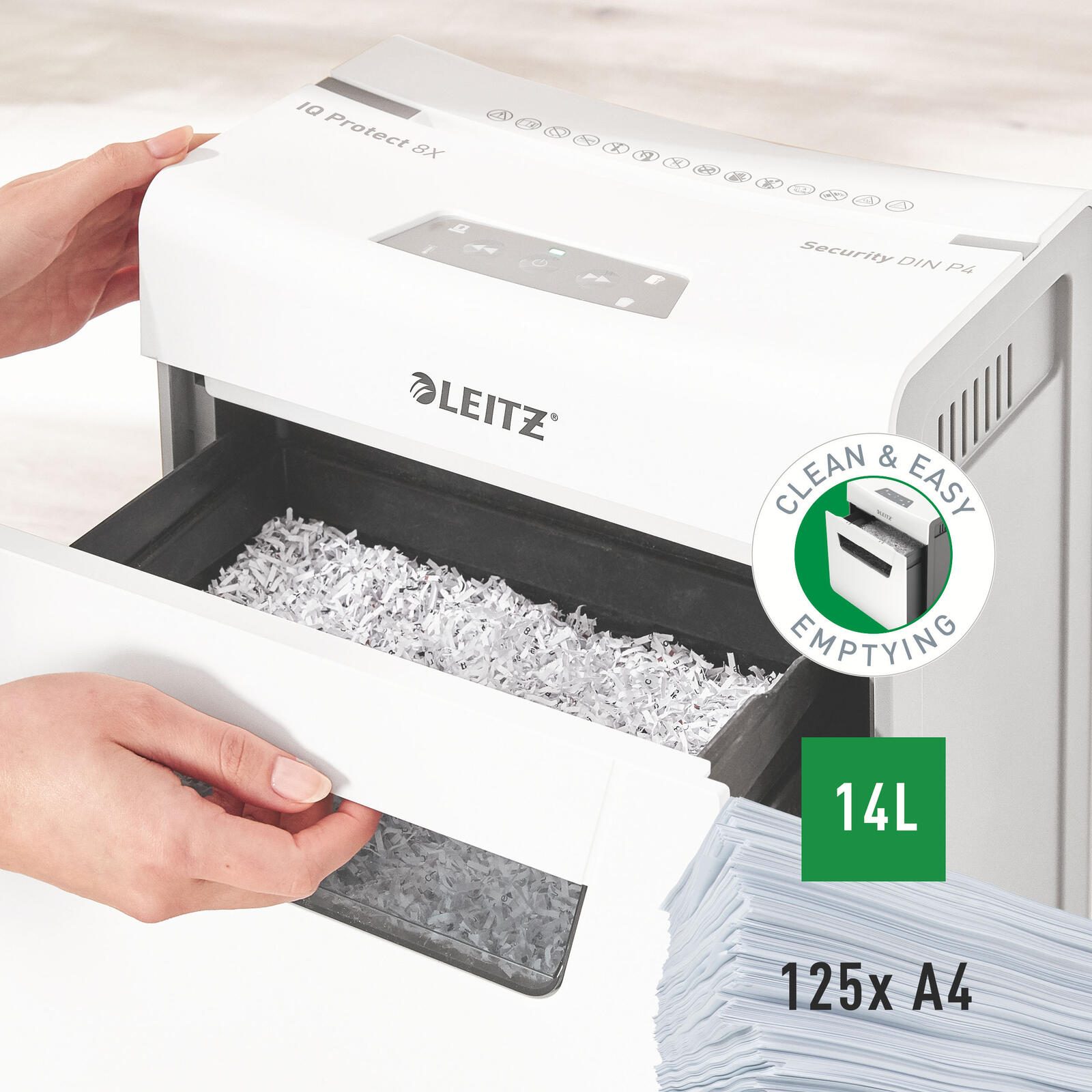 LEITZ Protect 8X Aktenvernichter mit Partikelschnitt bis 8 Blatt weiß