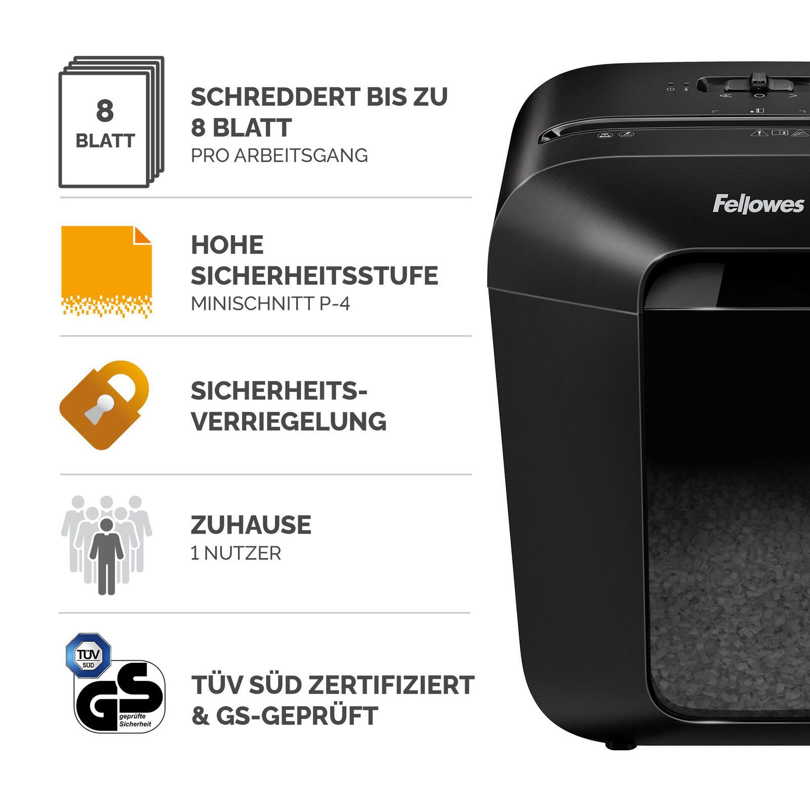 Fellowes Powershred LX41 Aktenvernichter mit Partikelschnitt bis 8 Blatt schwarz