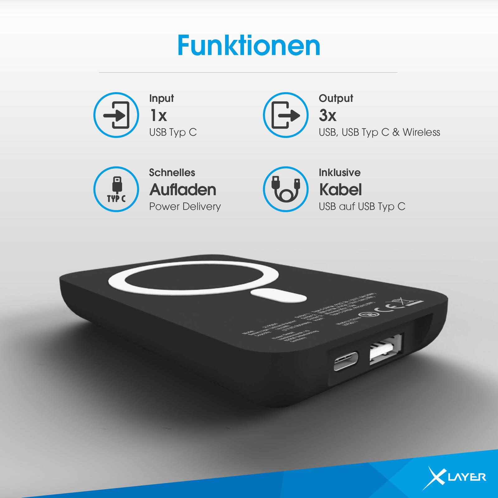 XLAYER Magnetic PD wireless Powerbank 5.000 mAh schwarz
