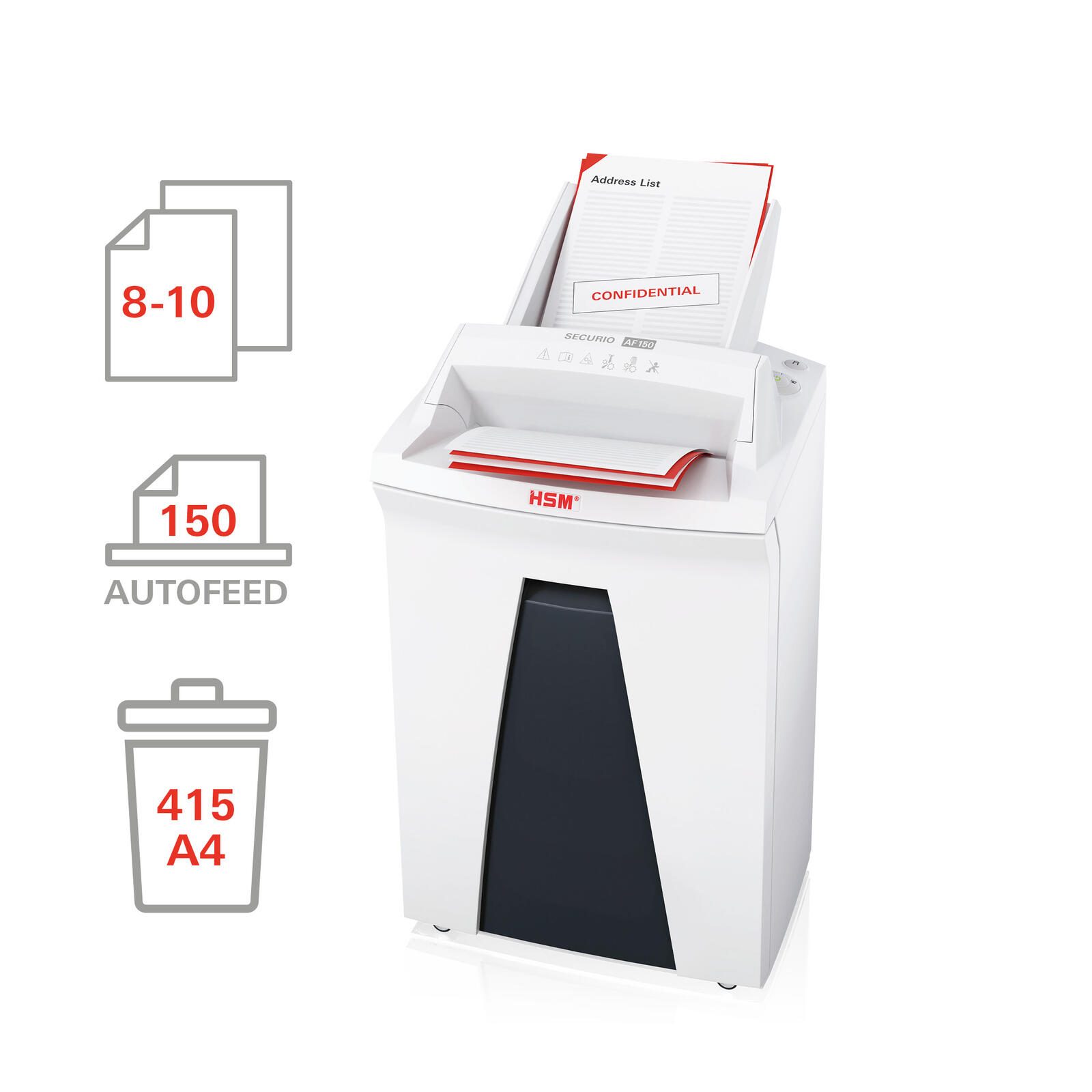 HSM Aktenvernichter SECURIO AF150 - Autofeed - Sicherheitsstufe 4 - Partikelschnitt - 4,5 x 30 mm - 10 Blatt