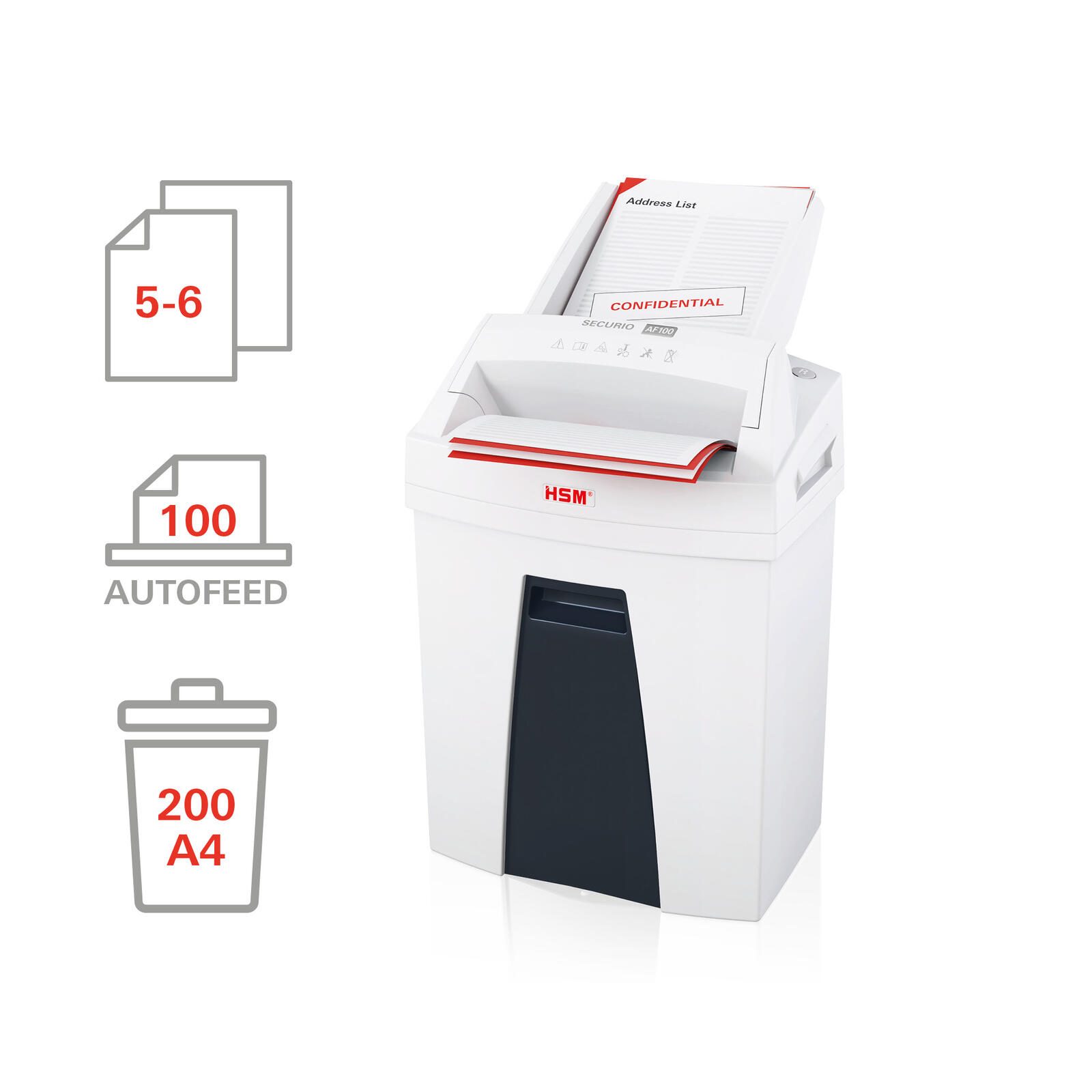HSM Aktenvernichter SECURIO AF100 - Autofeed - Sicherheitsstufe 4  - Partikelschnitt - 4 x 25 mm - 6 Blatt