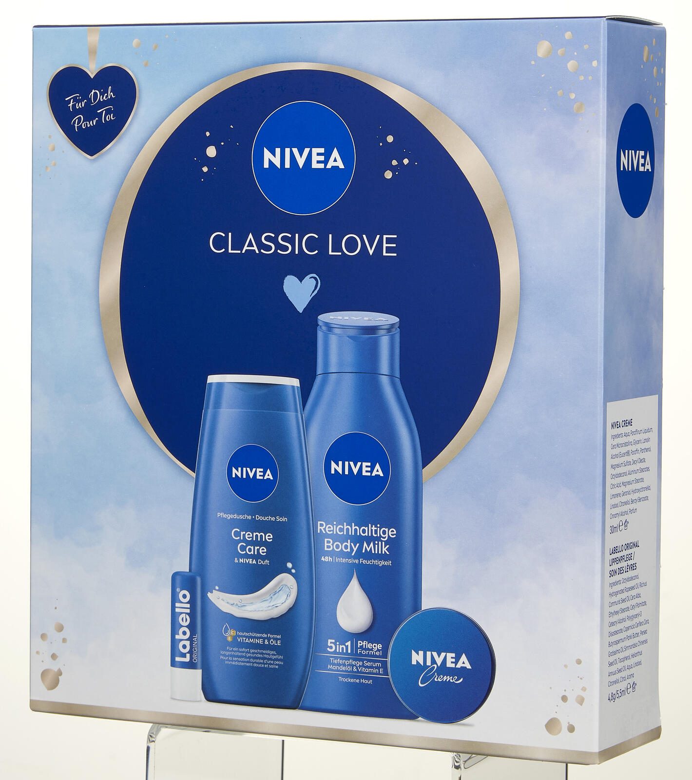 NIVEA CLASSIC LOVE Geschenkset 1 Bodylotion (400ml), 1 Pflegedusche (250ml), 1 Hautcreme (40ml), 1 Labello (4,8g)
