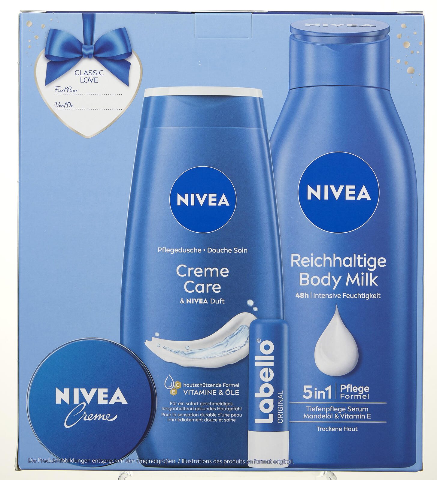 NIVEA CLASSIC LOVE Geschenkset 1 Bodylotion (400ml), 1 Pflegedusche (250ml), 1 Hautcreme (40ml), 1 Labello (4,8g)