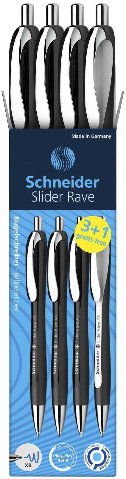 Schneider Slider Rave XB schwarz Kugelschreiber 0.7 mm, Schreibfarbe: Blau, 3 St. + GRATIS 1 Slider Rave XB