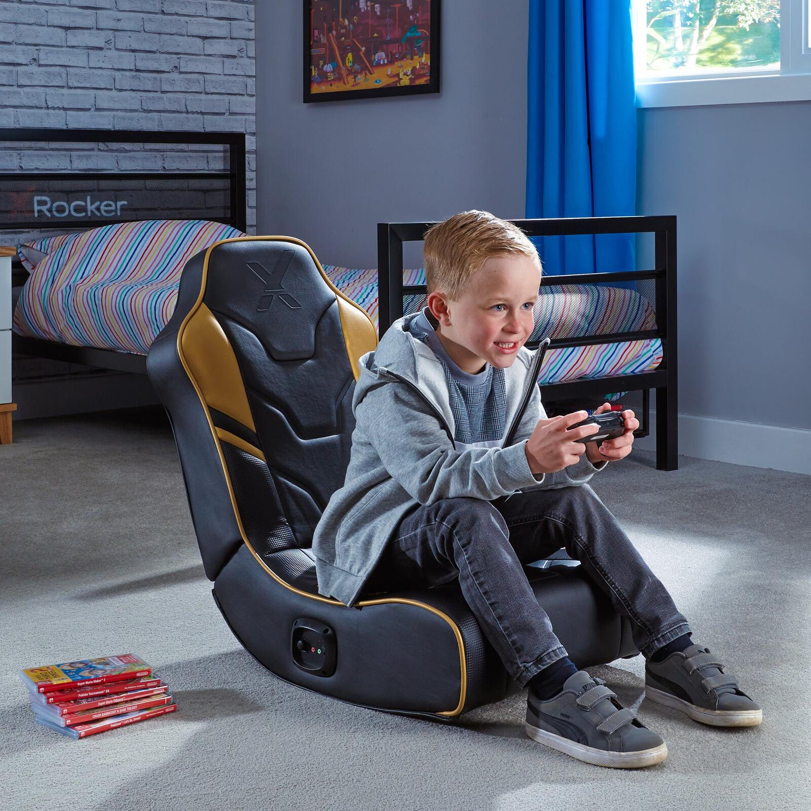 X Rocker Shadow 2.0 Floor Rocker Gaming-Bodensessel für Kinder & Jugendliche mit Audiosystem - schwarz/gold