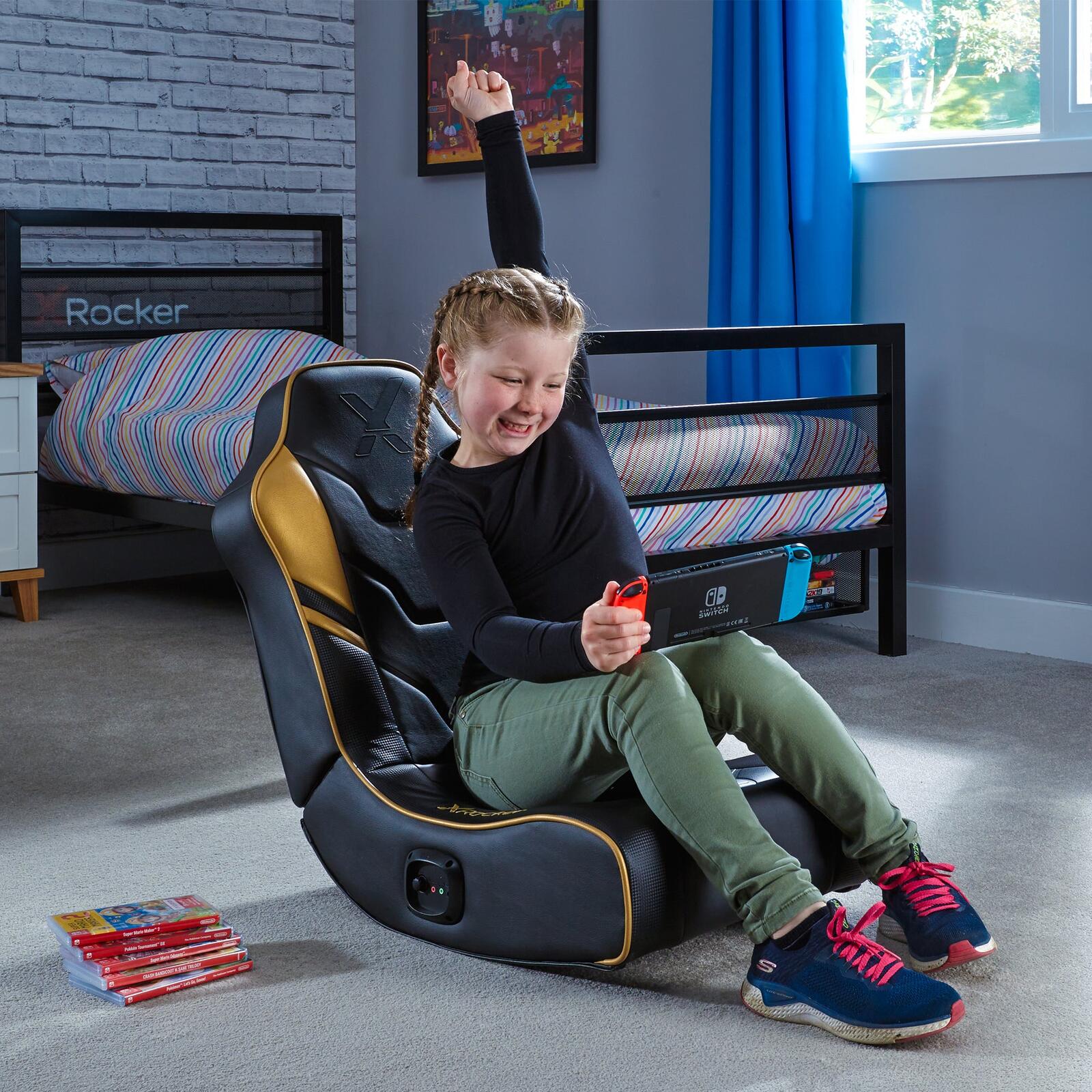 X Rocker Shadow 2.0 Floor Rocker Gaming-Bodensessel für Kinder & Jugendliche mit Audiosystem - schwarz/gold