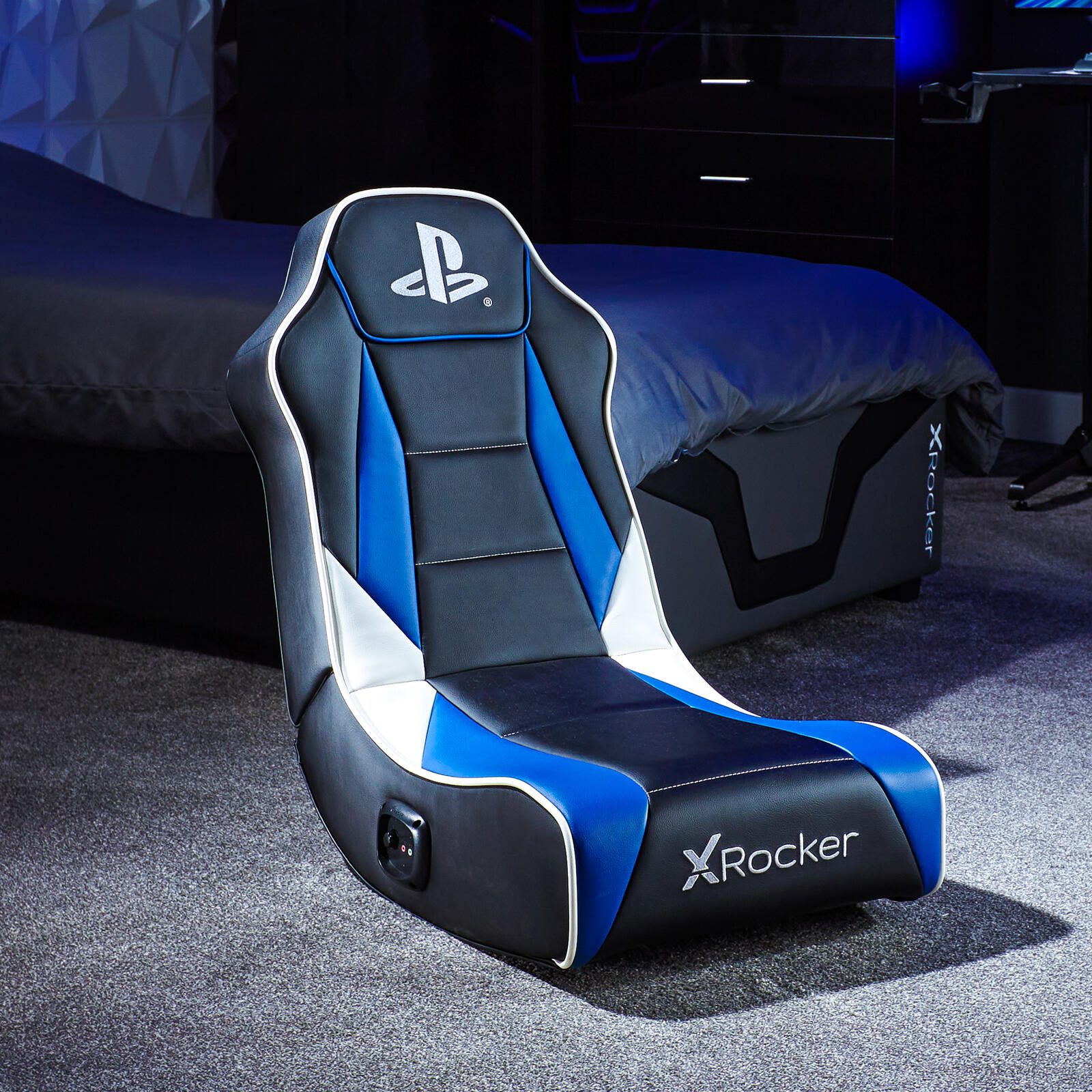 X Rocker Sony Playstation® Geist 2.0 Floor Rocker Gaming-Bodensessel mit 2.0 Audiosystem für Kinder & Jugendliche - schwarz/blau