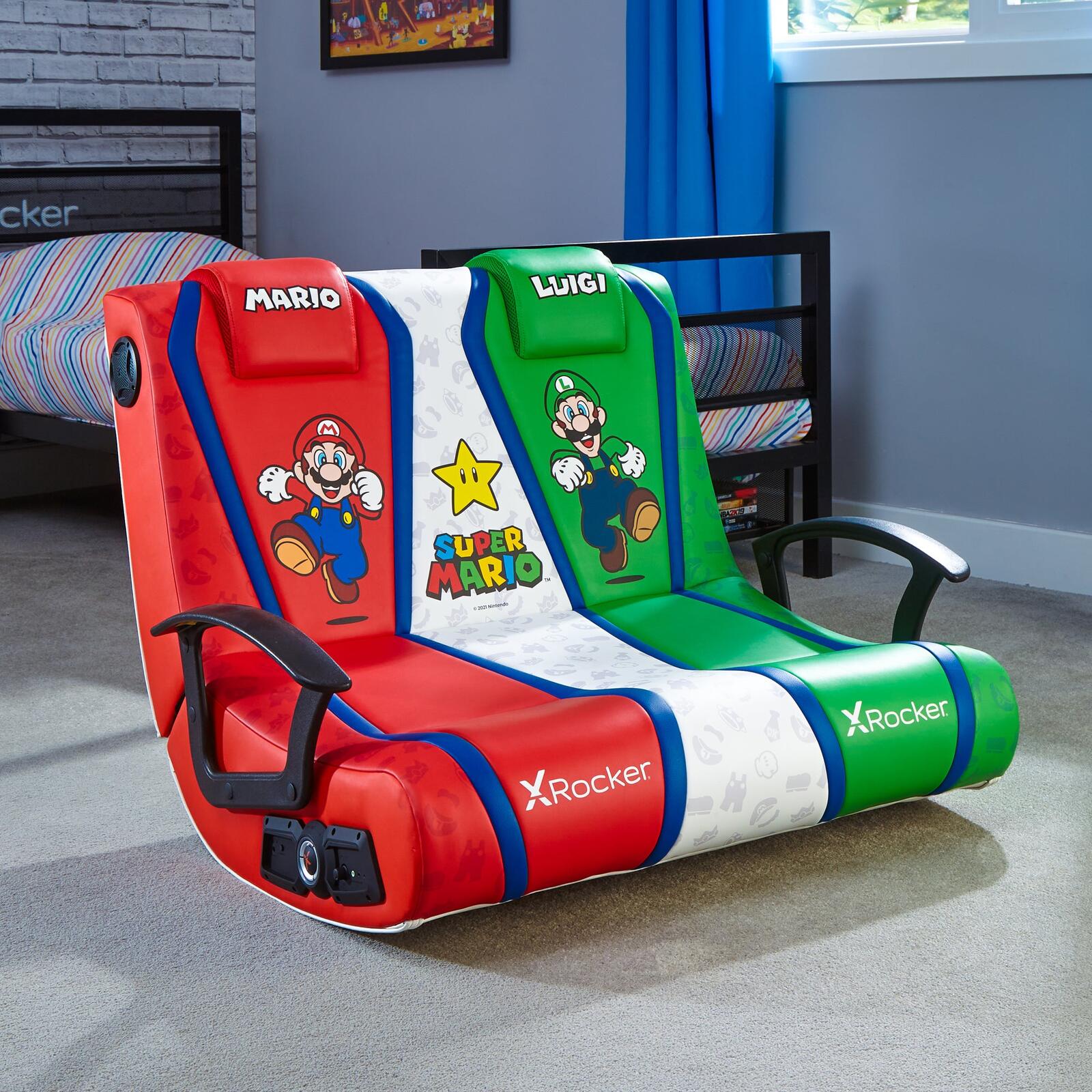 X Rocker Nintendo Super Mario™ Dual Rivals Floor Rocker Gaming-Bodensessel für Kinder & Jugendliche mit 2.1 Soundsystem - rot/weiß/grün