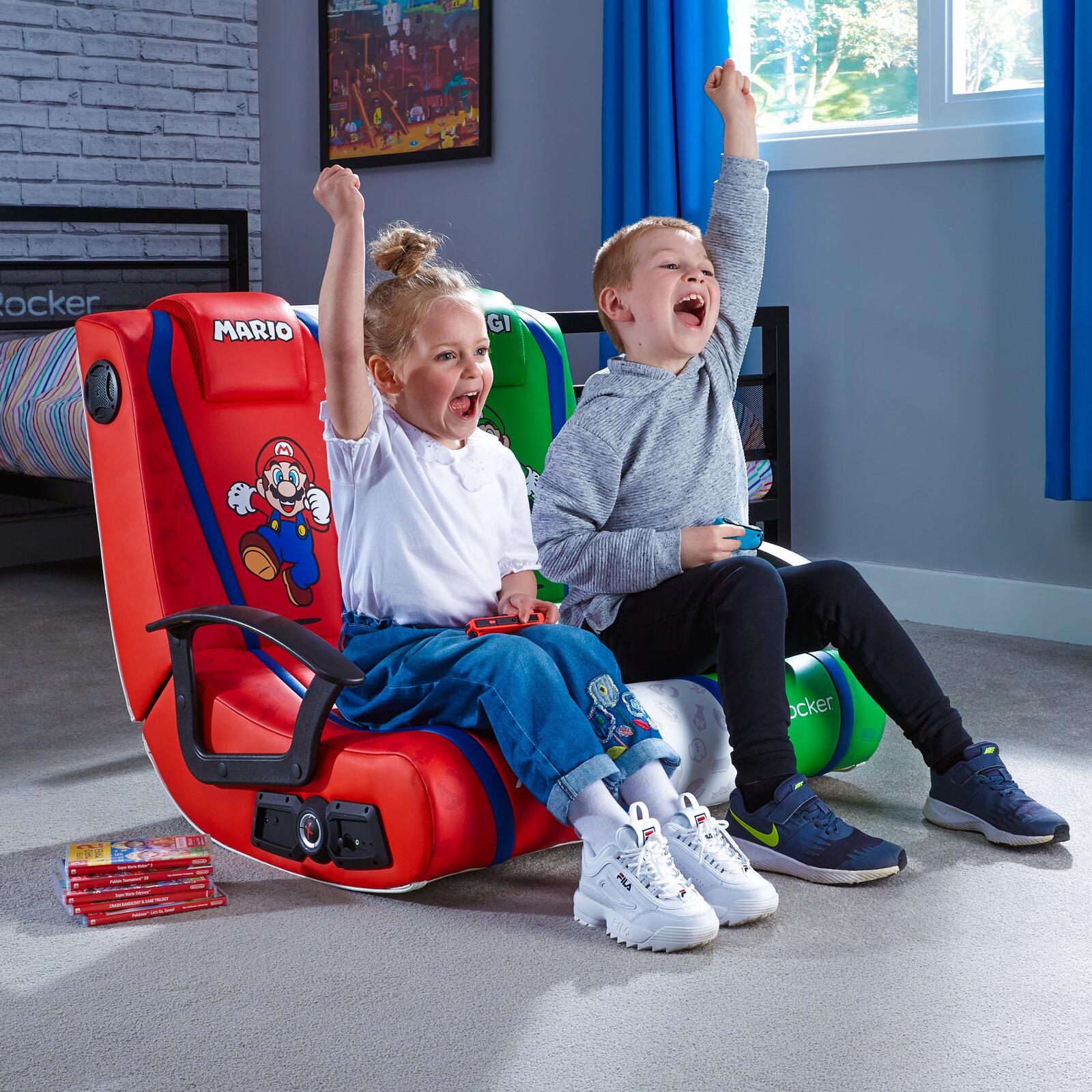 X Rocker Nintendo Super Mario™ Dual Rivals Floor Rocker Gaming-Bodensessel für Kinder & Jugendliche mit 2.1 Soundsystem - rot/weiß/grün