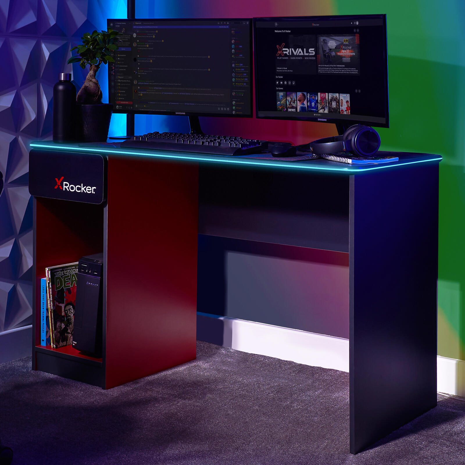 X Rocker Carbon-Tek Gaming Schreibtisch mit LED-Beleuchtung & Wireless Charging Ladepad - grau/rot