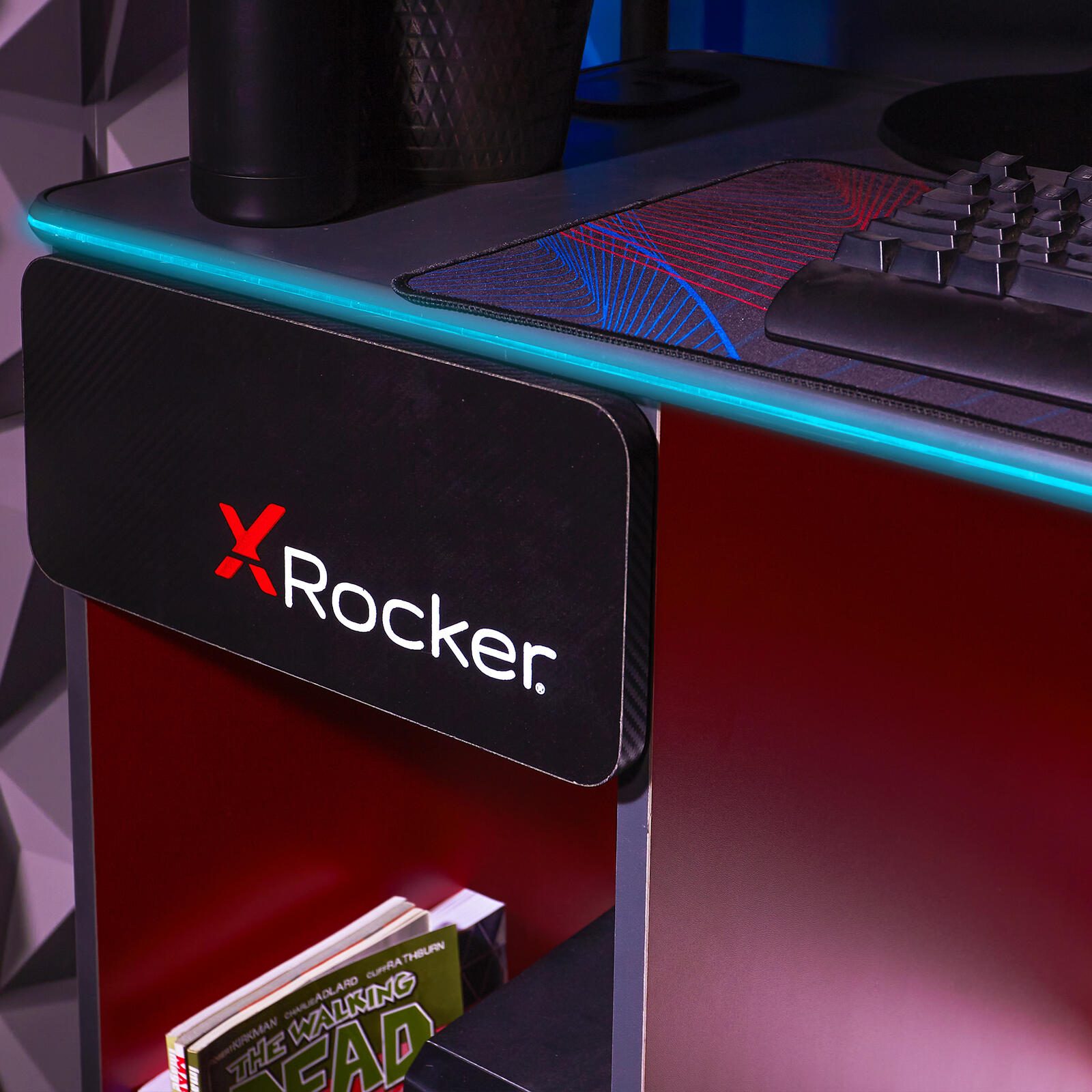 X Rocker Carbon-Tek Gaming Schreibtisch mit LED-Beleuchtung & Wireless Charging Ladepad - grau/rot