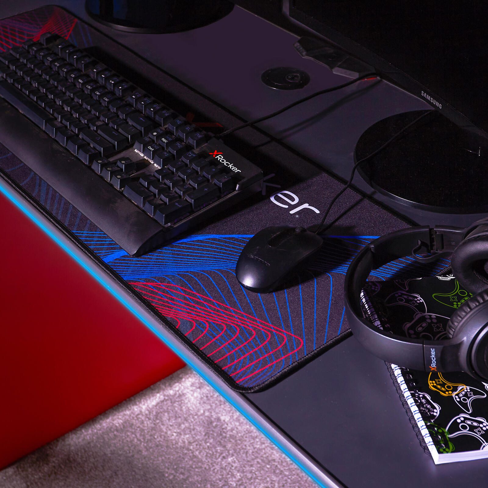 X Rocker Carbon-Tek Gaming Schreibtisch mit LED-Beleuchtung & Wireless Charging Ladepad - grau/rot