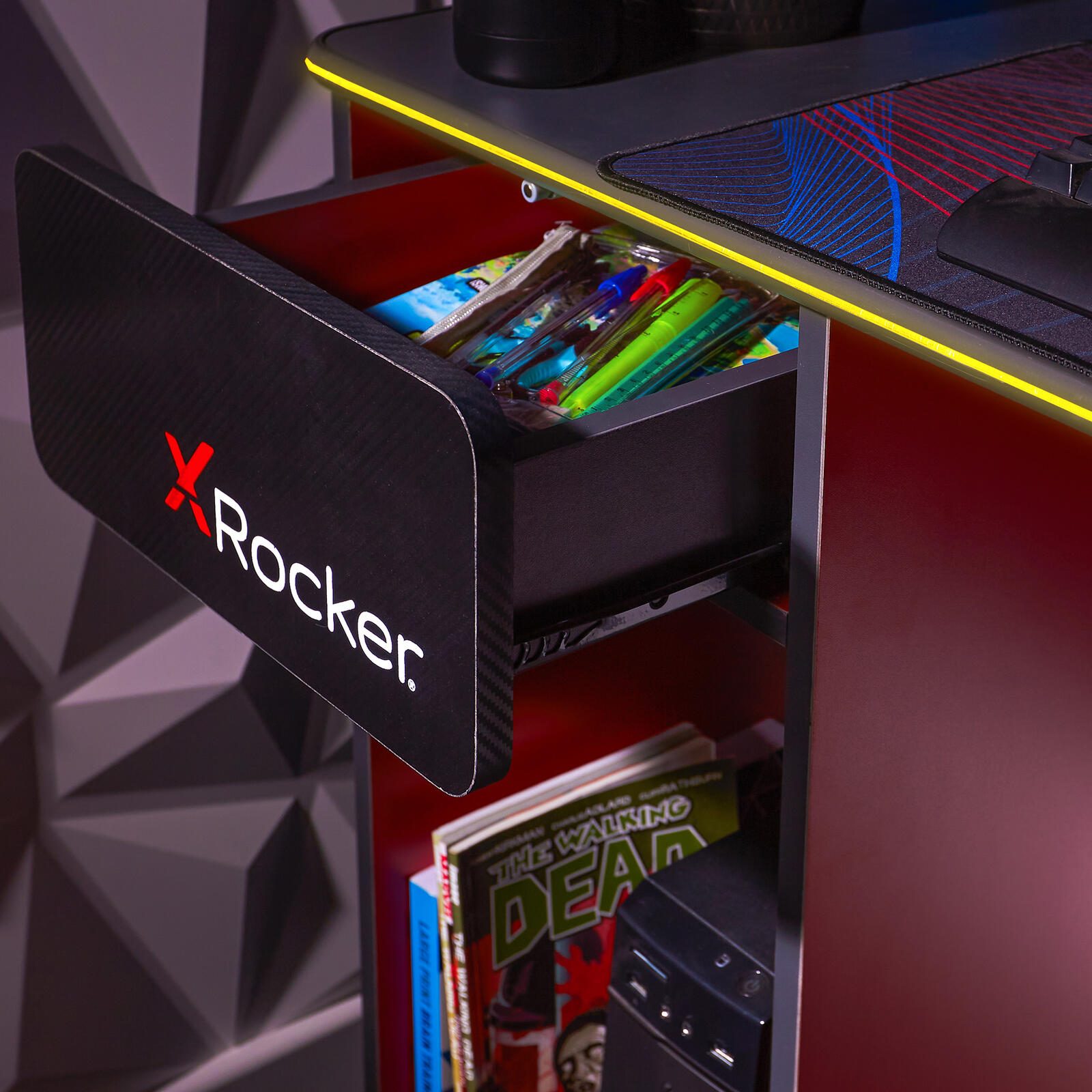 X Rocker Carbon-Tek Gaming Schreibtisch mit LED-Beleuchtung & Wireless Charging Ladepad - grau/rot