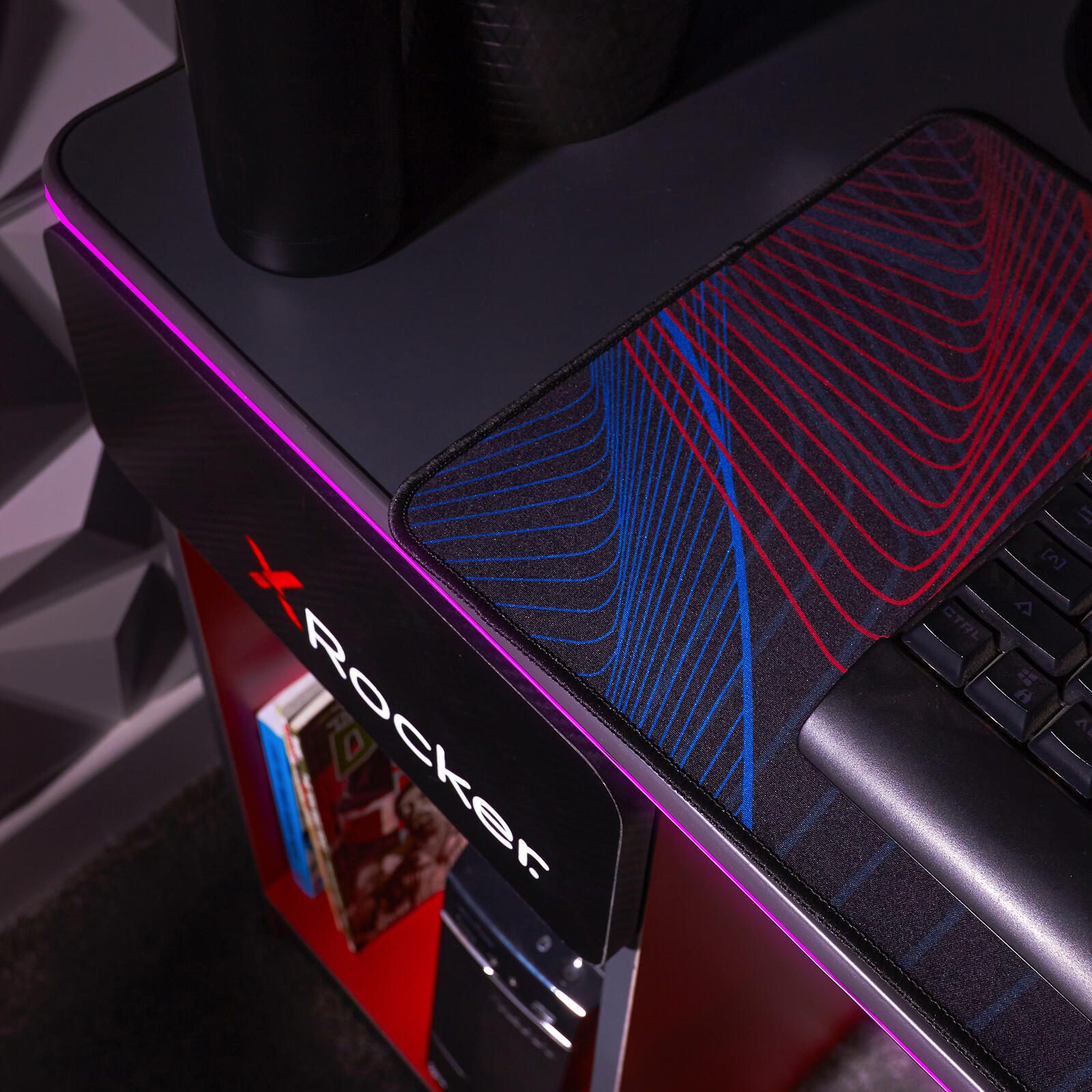 X Rocker Carbon-Tek Gaming Schreibtisch mit LED-Beleuchtung & Wireless Charging Ladepad - grau/rot