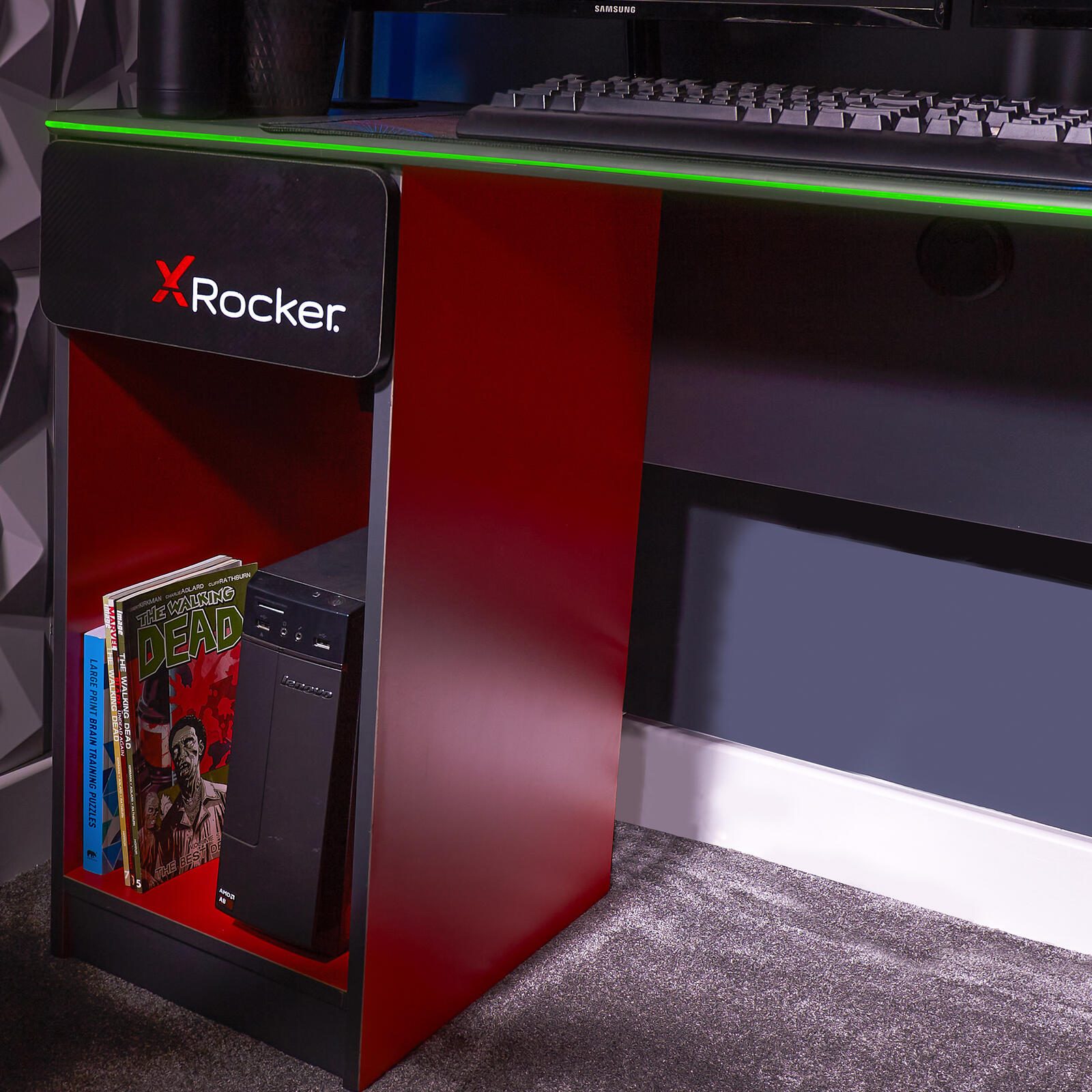 X Rocker Carbon-Tek Gaming Schreibtisch mit LED-Beleuchtung & Wireless Charging Ladepad - grau/rot