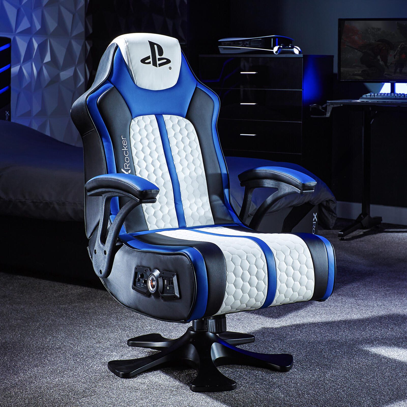 X Rocker Sony Playstation® Legend 2.1 Gaming-Sessel mit Stereo-Lautsprechersystem und Vibrationsmotor - blau/schwarz/weiß