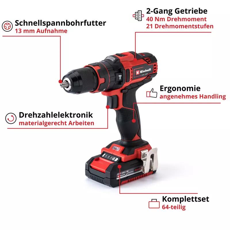 Einhell Akku-Bohrschrauber-Set TE-CD 18/40 Li-i +64 (2x2,0Ah) (4513992)