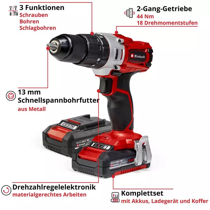 Einhell Akku-Bohrschrauber-Set TE-CD 18/2 Li-i +64 (2x2,0 Ah) (4514221)