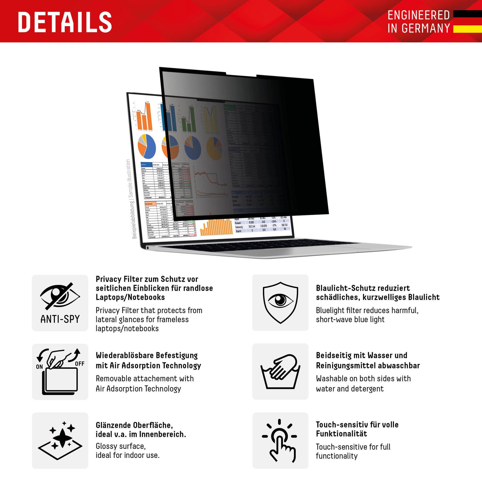 DISPLEX PRIVACY SAFE Wiederablösbarer 2-Wege Blickschutzfilter für Laptop/ Notebook (randlos/frameless) 15,6'' (16:9)