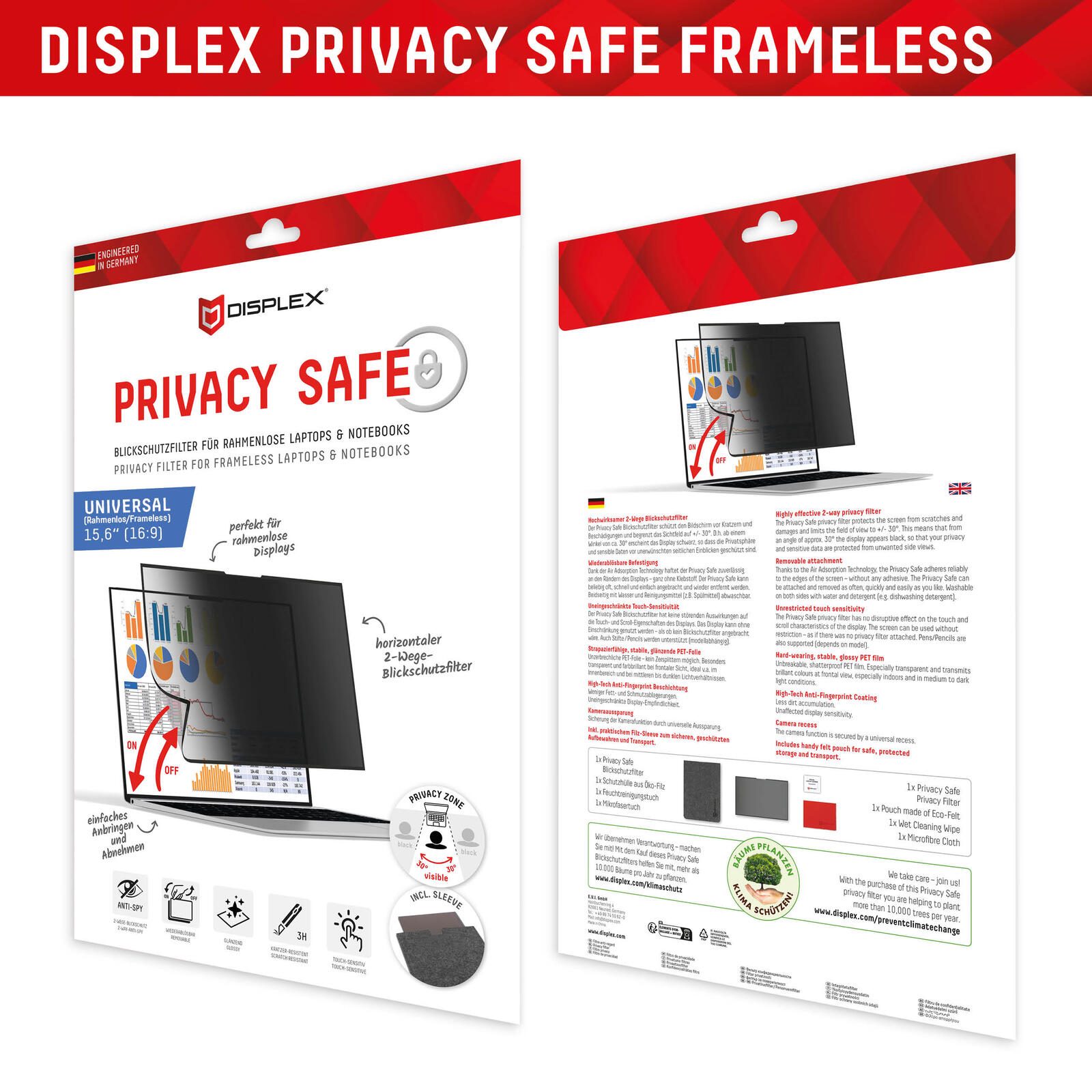 DISPLEX PRIVACY SAFE Wiederablösbarer 2-Wege Blickschutzfilter für Laptop/ Notebook (randlos/frameless) 15,6'' (16:9)
