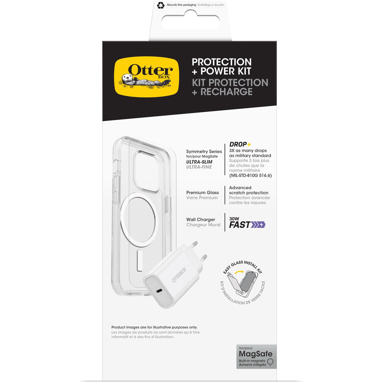 OtterBox KIT Apple iPhone 16 (Symmetry Clear MagSafe / Premium Glass / EU USB-C Wall Charger 30W - white)