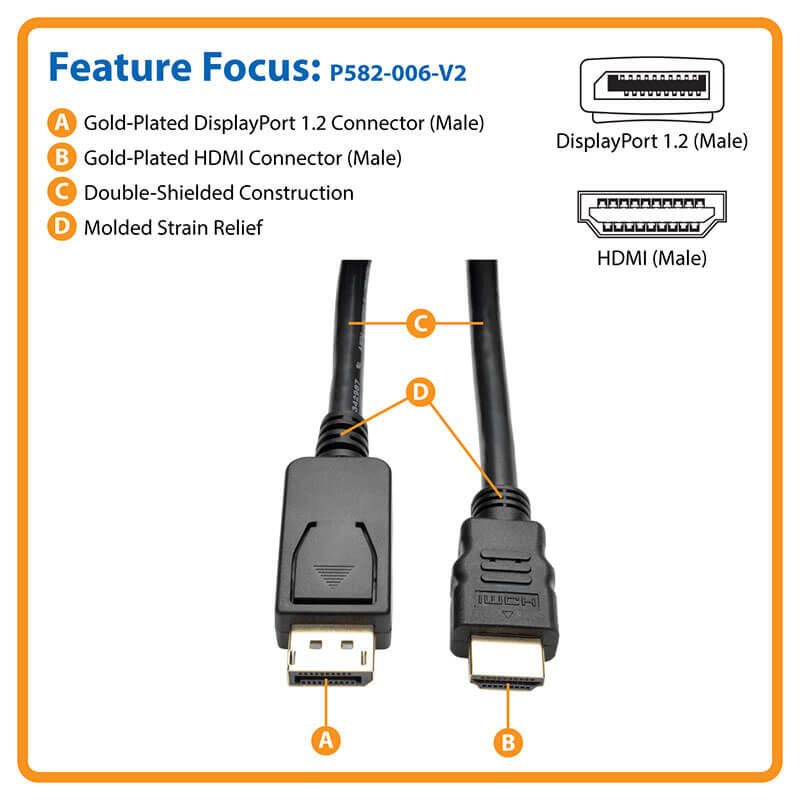 Eaton Tripp Lite Series DisplayPort 1.2 zu HDMI Adapterkabel (DP mit Verriegelungen auf HDMI Stecker/Stecker), 4K, 6 ft. (1.8 m)
