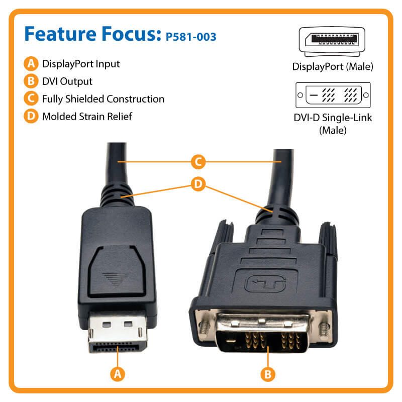 Eaton Tripp Lite Series DisplayPort zu DVI Adapterkabel (DP mit Verriegelungen auf DVI-D Single Link Stecker/Stecker), 3 ft. (0.9 m)