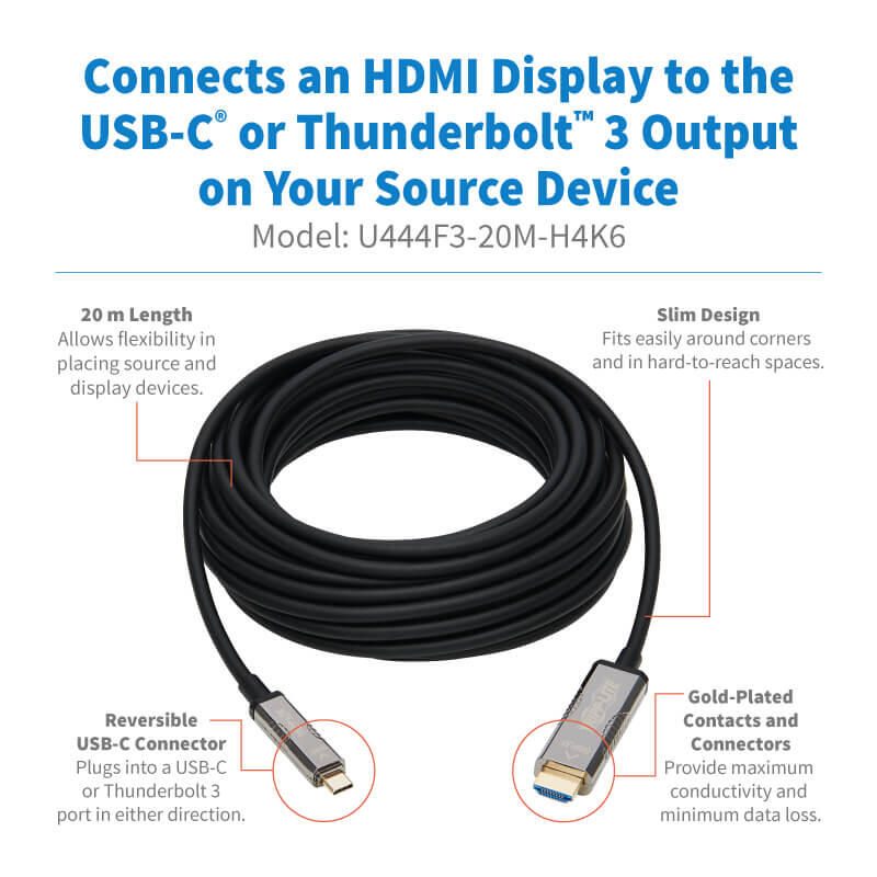 Eaton Tripp Lite Series High-Speed USB-C zu HDMI Fiber Active Optical Kabel (AOC) - UHD 4K 60 Hz, HDR, CL3 Rated, Schwarz, 20 m
