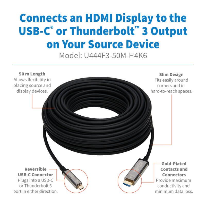 Eaton Tripp Lite Series High-Speed USB-C zu HDMI Fiber Active Optical Kabel (AOC) - UHD 4K 60 Hz, HDR, CL3 Rated, Schwarz, 50 m