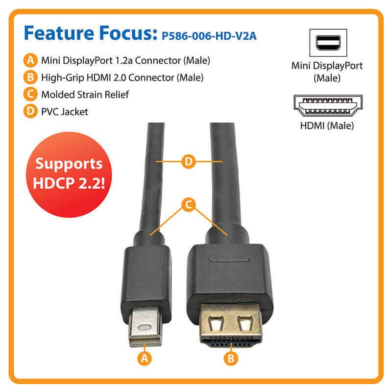 Eaton Tripp Lite Series Mini DisplayPort 1.2a zu HDMI Active Adapterkabel (Stecker/Stecker), 4K 60 Hz, HDCP 2.2, 6 ft. (1.8 m)