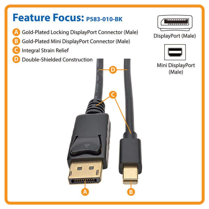 Eaton Tripp Lite Series Mini DisplayPort zu DisplayPort Adapterkabel (Stecker/Stecker), 4K 60 Hz, Schwarz, 10 ft. (3.1 m)