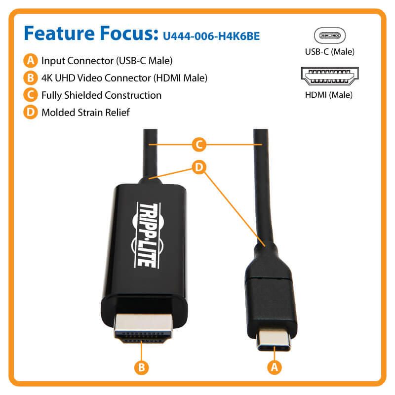 Eaton Tripp Lite Series USB-C zu HDMI Adapterkabel (Stecker/Stecker), 4K 60 Hz, 4:4:4, Thunderbolt 3 Compatible, Schwarz, 6 ft. (1.8 m)