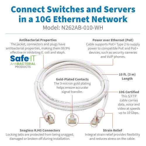 Eaton Tripp Lite Series Safe-IT Cat6a 10G Snagless Antibacterial S/FTP Ethernet Kabel (RJ45 Stecker/Stecker), PoE, White, 10 ft. (3.05 m)