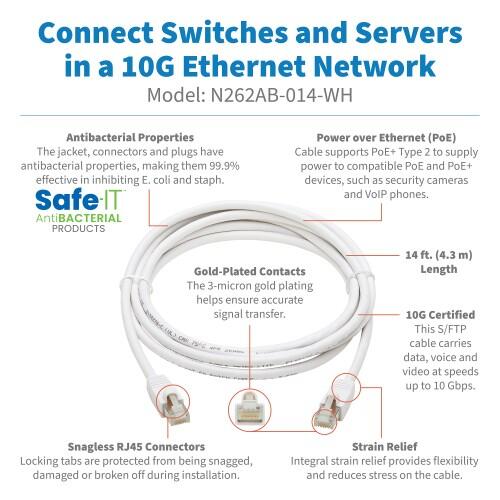 Eaton Tripp Lite Series Safe-IT Cat6a 10G Snagless Antibacterial S/FTP Ethernet Kabel (RJ45 Stecker/Stecker), PoE, White, 14 ft. (4.27 m)
