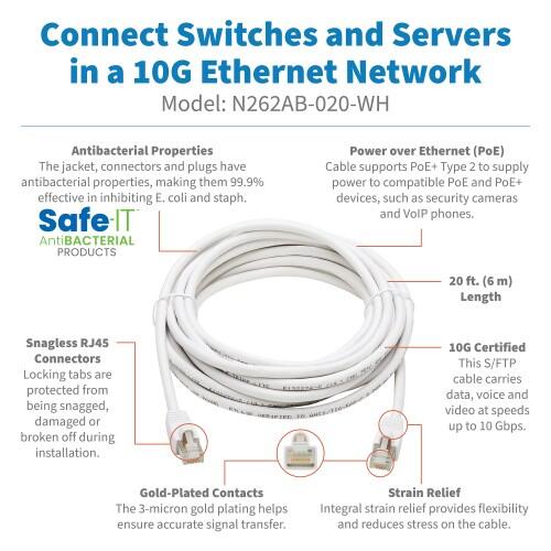 Eaton Tripp Lite Series Safe-IT Cat6a 10G Snagless Antibacterial S/FTP Ethernet Kabel (RJ45 Stecker/Stecker), PoE, White, 20 ft. (6.09 m)