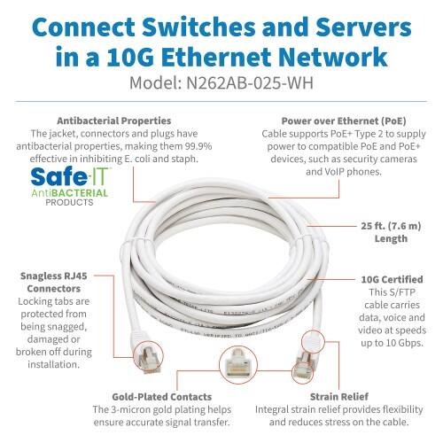 Eaton Tripp Lite Series Safe-IT Cat6a 10G Snagless Antibacterial S/FTP Ethernet Kabel (RJ45 Stecker/Stecker), PoE, White, 25 ft. (7.62 m)