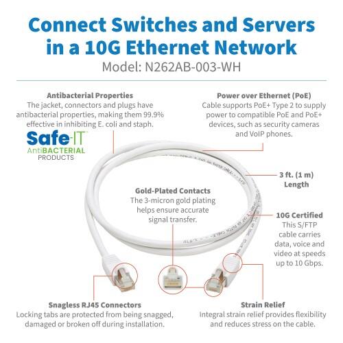 Eaton Tripp Lite Series Safe-IT Cat6a 10G Snagless Antibacterial S/FTP Ethernet Kabel (RJ45 Stecker/Stecker), PoE, White, 3 ft. (0.91 m)