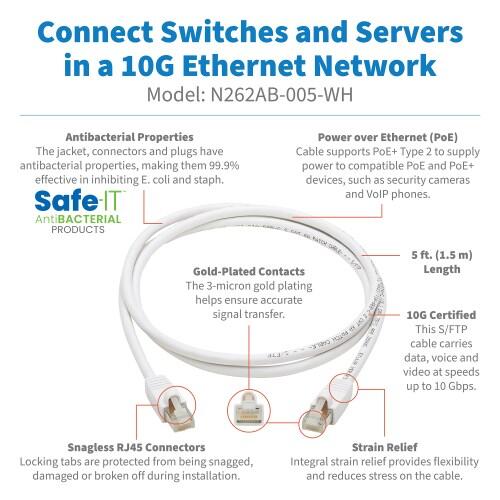 Eaton Tripp Lite Series Safe-IT Cat6a 10G Snagless Antibacterial S/FTP Ethernet Kabel (RJ45 Stecker/Stecker), PoE, White, 5 ft. (1.52 m)