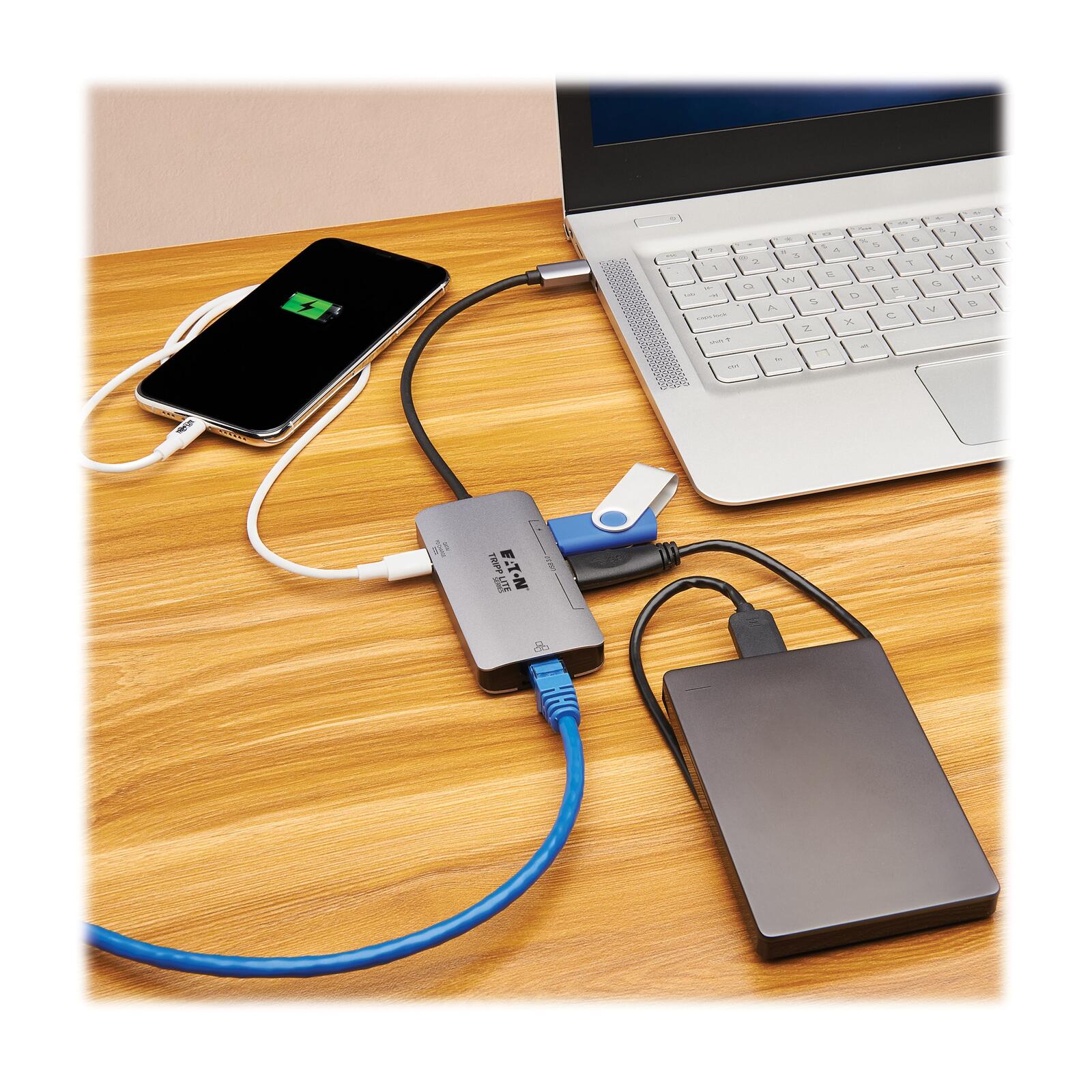 Eaton Tripp Lite Series 3-Port USB-C Hub - USB 3.2 Gen 1, 3 USB-A Ports, GbE, Thunderbolt 3, 100W PD Charging, Aluminum Housing