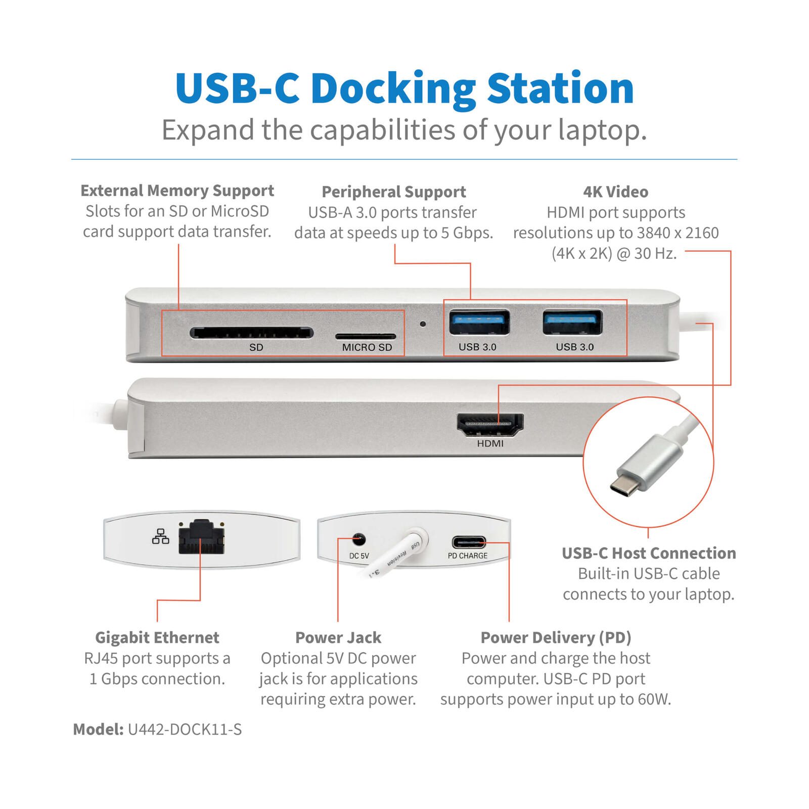 Eaton Tripp Lite Series USB-C Dock - 4K HDMI, USB 3.2 Gen 1, USB-A/C Hub, GbE, Memory Card, 60W PD Charging