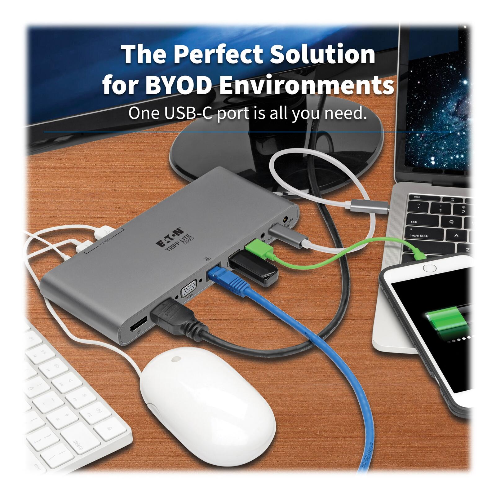 Eaton Tripp Lite Series USB-C Dock, Triple Display - 4K HDMI/DisplayPort, VGA, USB 3.2 Gen 1, USB-A/USB-C Hub, GbE, 100W PD Charging, International Power Kabels