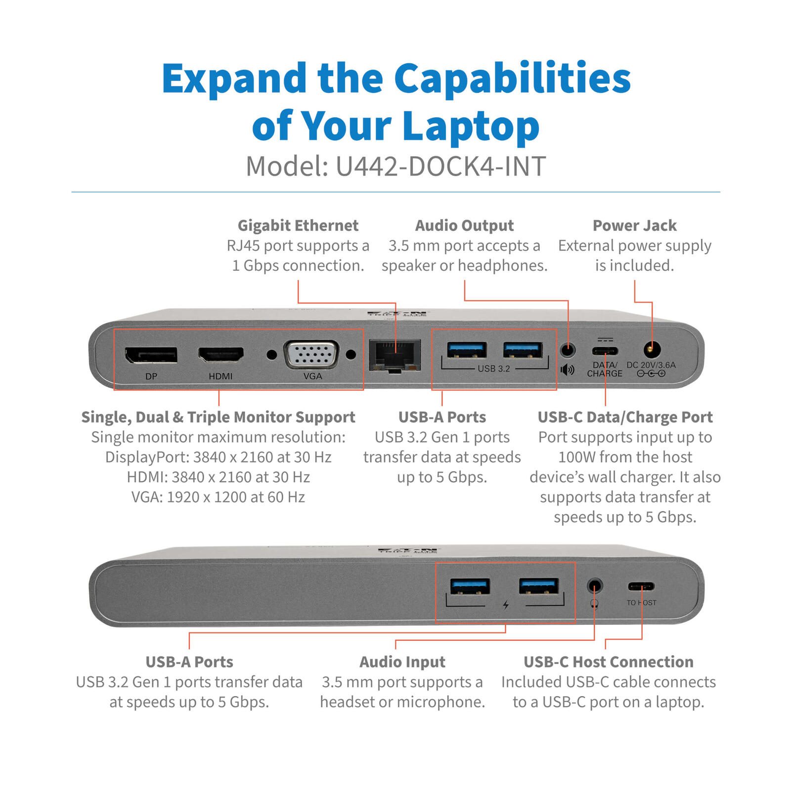 Eaton Tripp Lite Series USB-C Dock, Triple Display - 4K HDMI/DisplayPort, VGA, USB 3.2 Gen 1, USB-A/USB-C Hub, GbE, 100W PD Charging, International Power Kabels
