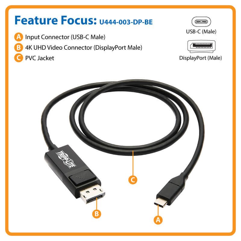 Eaton Tripp Lite Series USB-C zu DisplayPort Adapterkabel (Stecker/Stecker), 4K 60 Hz, HDR, verriegelbarer DP-Anschluss, 3 ft. (0.9 m)