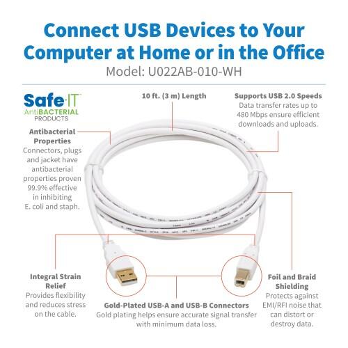 Eaton Tripp Lite Series Safe-IT USB-A zu USB-B Antibacterial Kabel (Stecker/Stecker), USB 2.0, Weiß, 10-ft. (3.05 m)