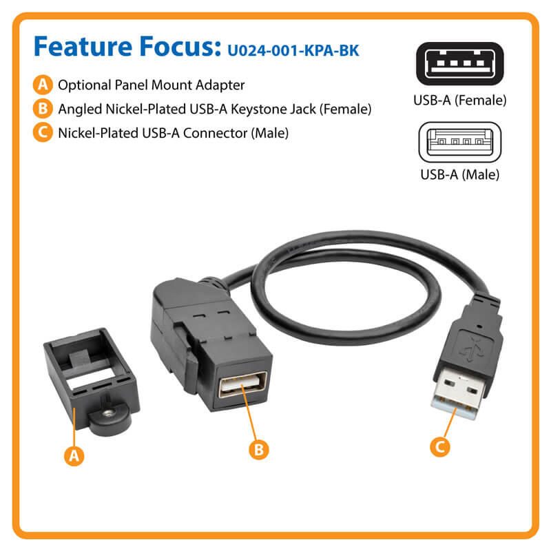 Eaton Tripp Lite Series USB 2.0 All-in-One Keyszune/Panel Mount Verlängerung Kabel (M/F), Angled Verbinder, 1 ft. (0.31 m)